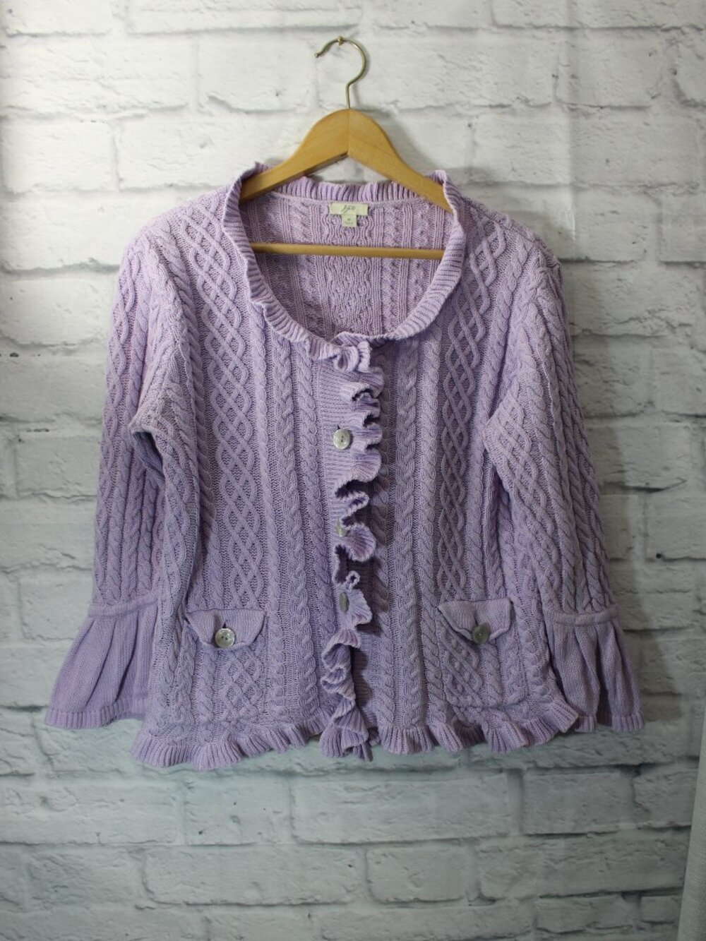 J Jill Lavender Ruffle Cardigan Cable Knit Button Front Bell Sleeve Medium FLAW